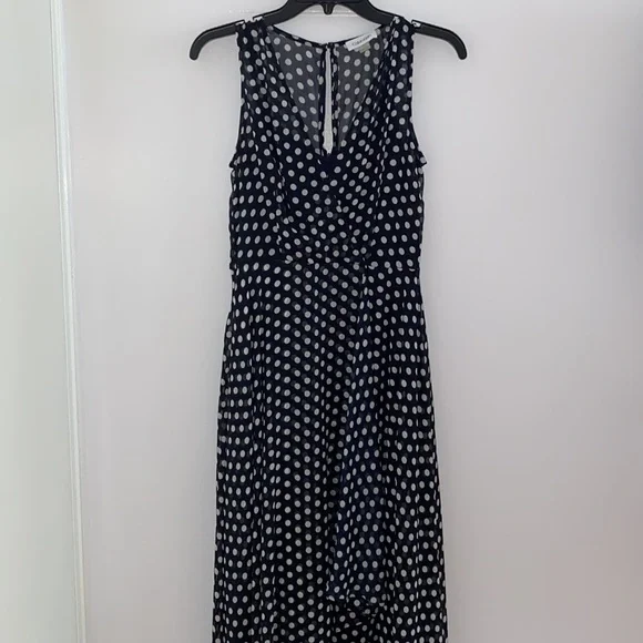 Calvin Klein Dot V-neck Sleeveless Wrap High-Low Maxi Dress - Picture 3 of 5